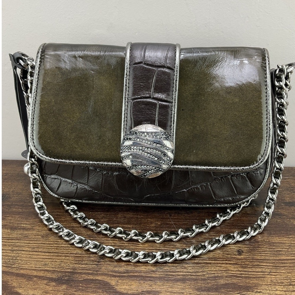 Brighton Vintage Rhinestones And Croc Embossed Brown Leather Shoulder Bag